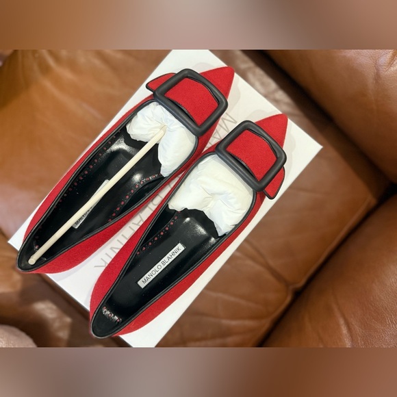 Manolo Blahnik Scarlet Red Pumps with Black Accents - Picture 2 of 5